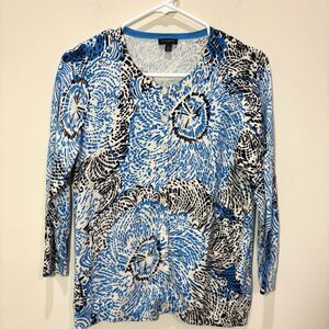 Talbots Floral Cardigan Blue Black Women M Cotton Career Layering Lightweight